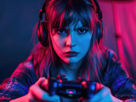 A focused young woman wearing large headphones holds a game controller, illuminated by dramatic blue and pink neon lighting in a dark room.