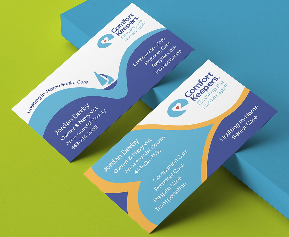 Mockup of the two business card designs I created for Comfort Keepers of Annapolis.
