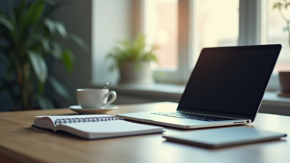 Vue en plongée d’un bureau avec un ordinateur portable et un carnet de notes