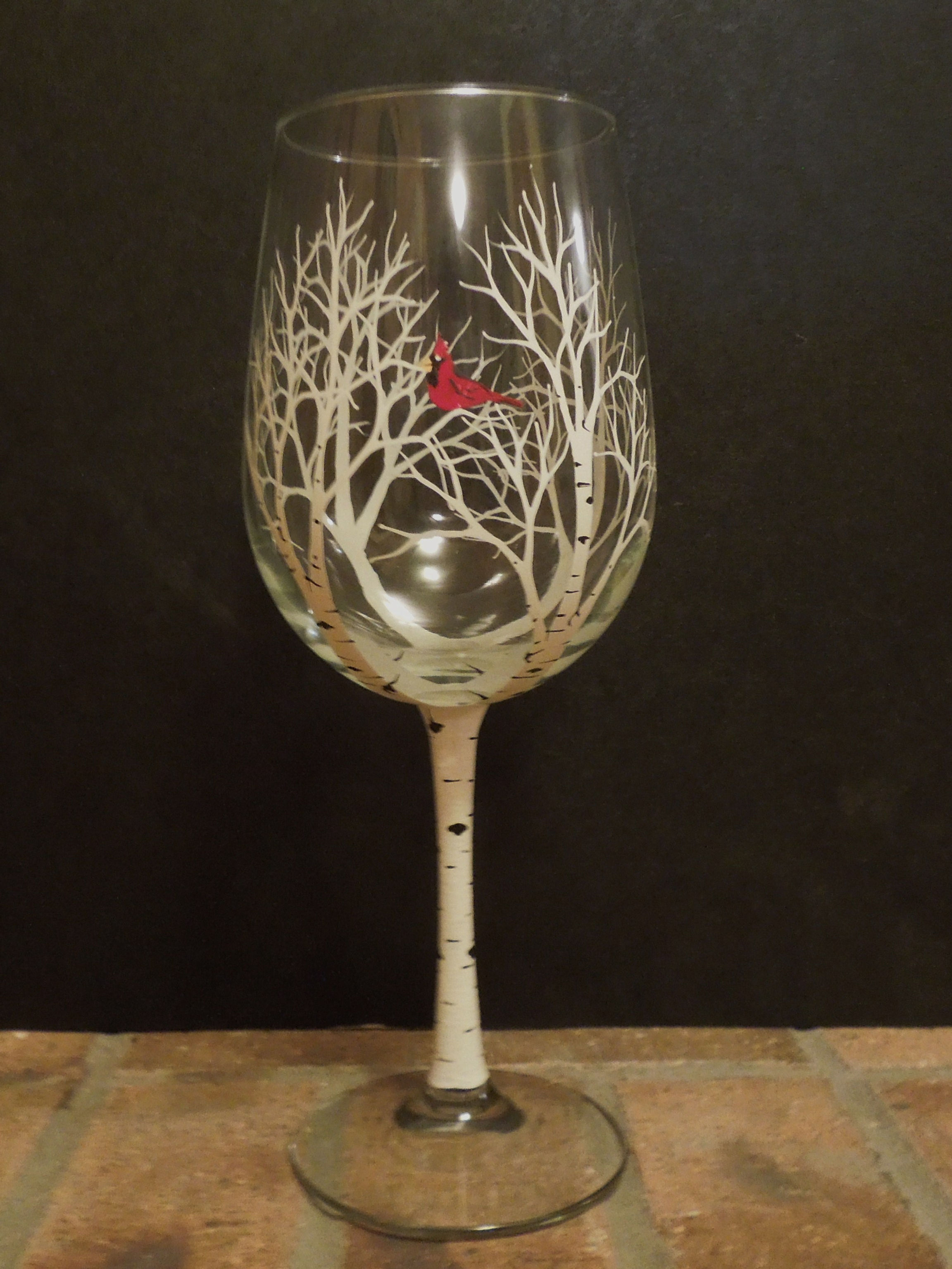 Winter Aspen/Birch Tree Wine Glass with Cardinal