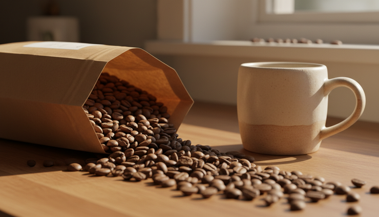 Close-up view of fresh roasted coffee beans in an open kraft bag