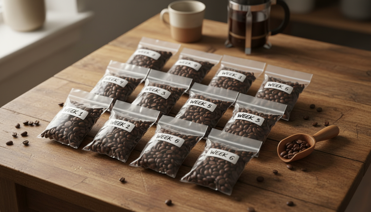Overhead view of small sealed bags of coffee beans prepared for freezing