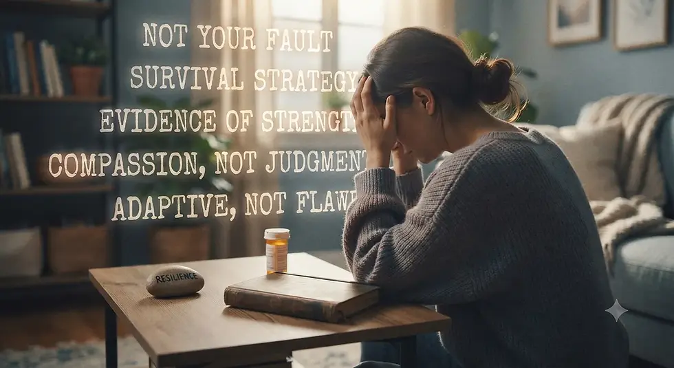 Woman with head in hands and text: Not Your Fault Survival Strategy.