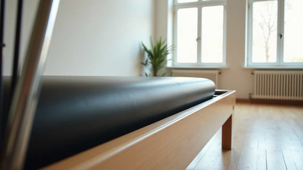 Eye-level view of a Pilates reformer machine in a bright studio
