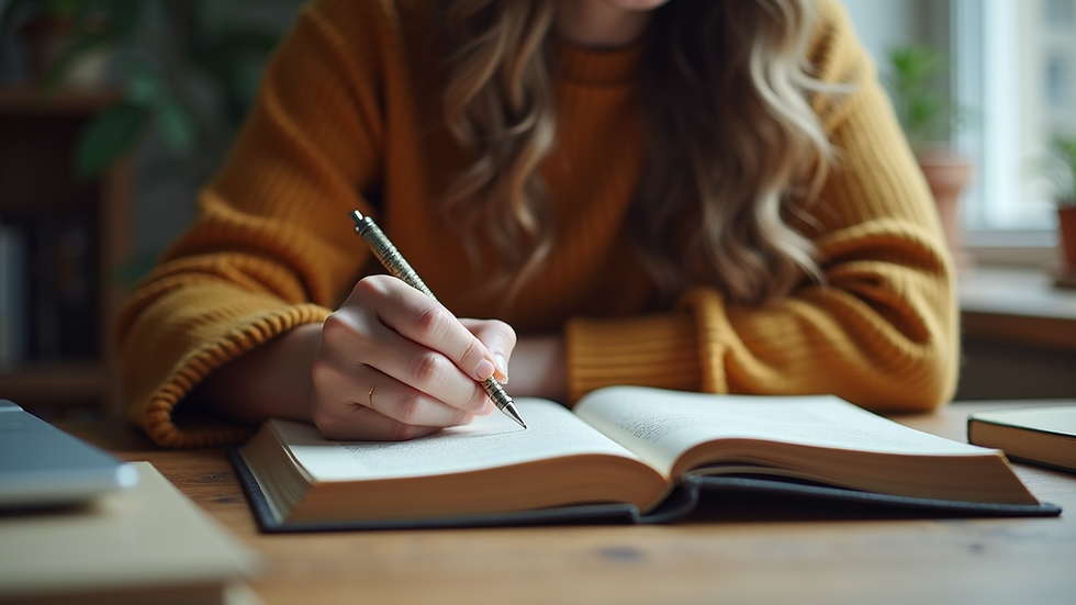 Eye-level view of a woman writing in a journal at a cozy desk