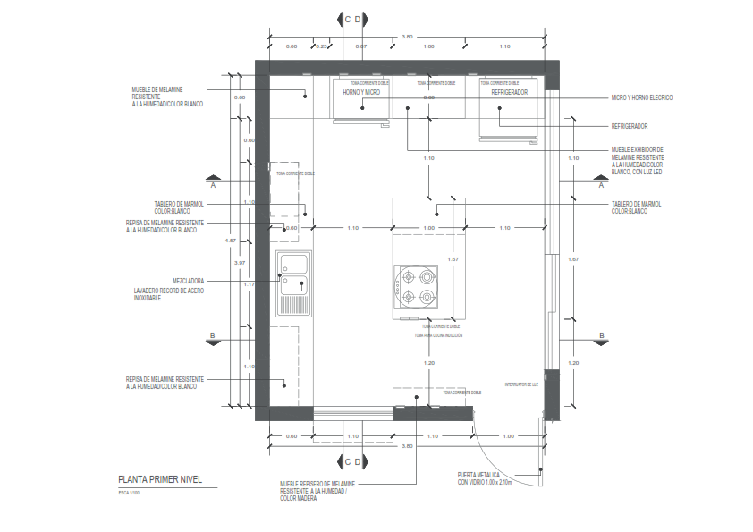 Kitchen design proposal in Ecuador with custom cabinetry, natural lighting, and technical plans.