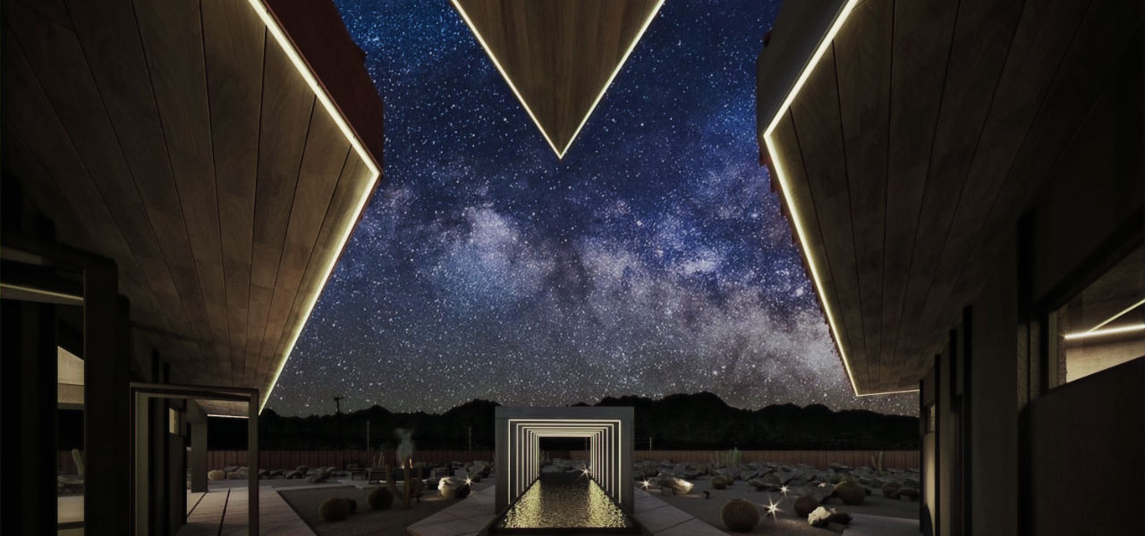 Nighttime residential renders of a contemporary home in the United States, featuring warm lighting, modern interior spaces, and a desert landscape under a starry sky.
