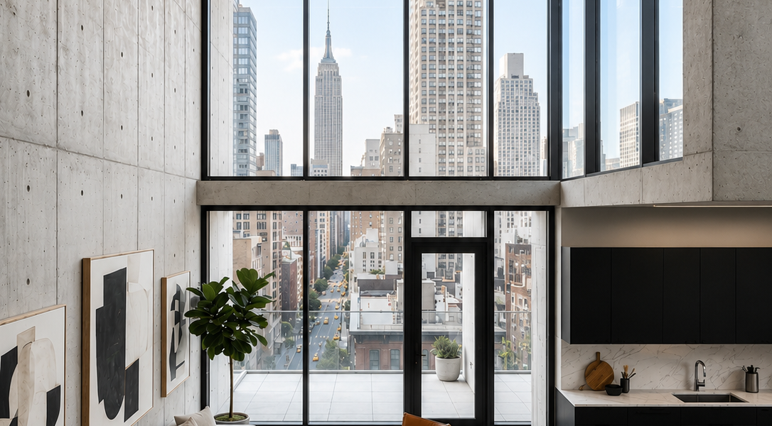 Architectural visualization of a modular residential tower composed of stacked concrete volumes with terraces, vegetation, and panoramic city views.