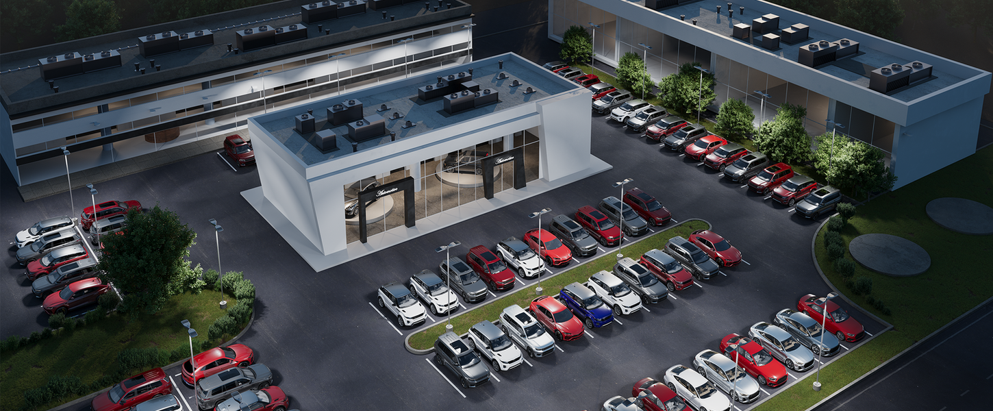 Automotive workshop and aerial view of a commercial complex in the United States with parking and technical buildings.