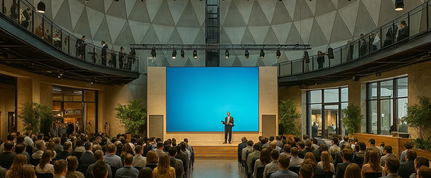 Event center with a main celebration hall, conference area, and faceted architectural design.