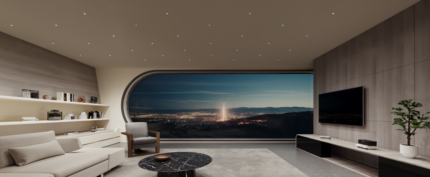 Futuristic interior spaces in the United States with curved geometries and ambient lighting.