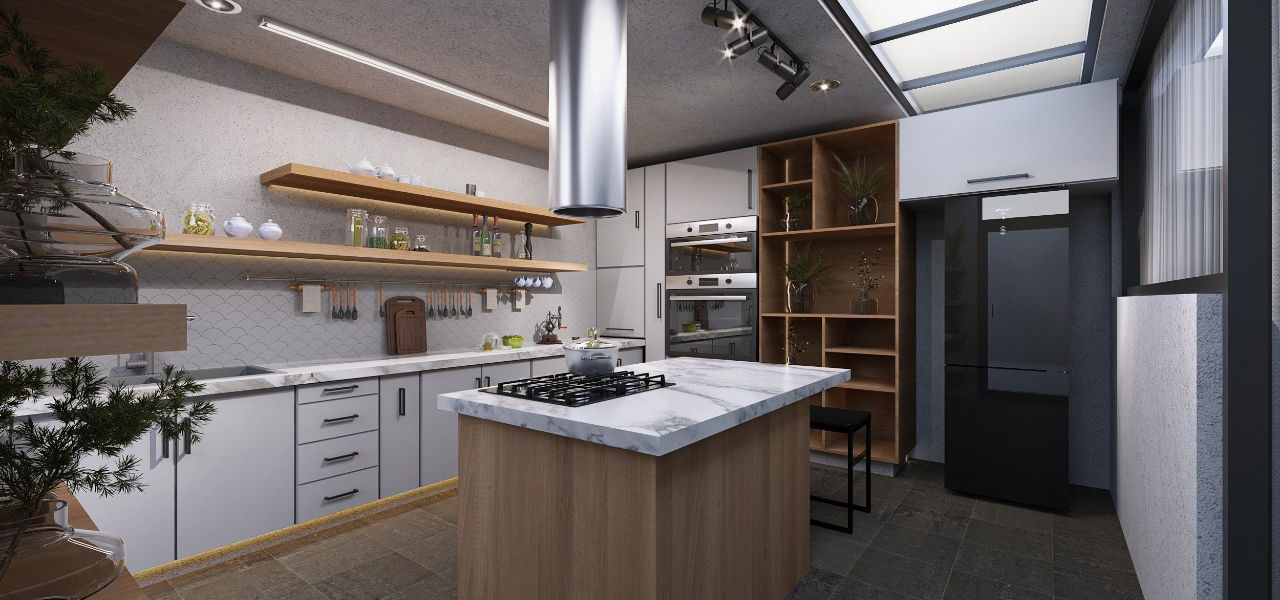 Kitchen design proposal in Ecuador with custom cabinetry, natural lighting, and technical plans.