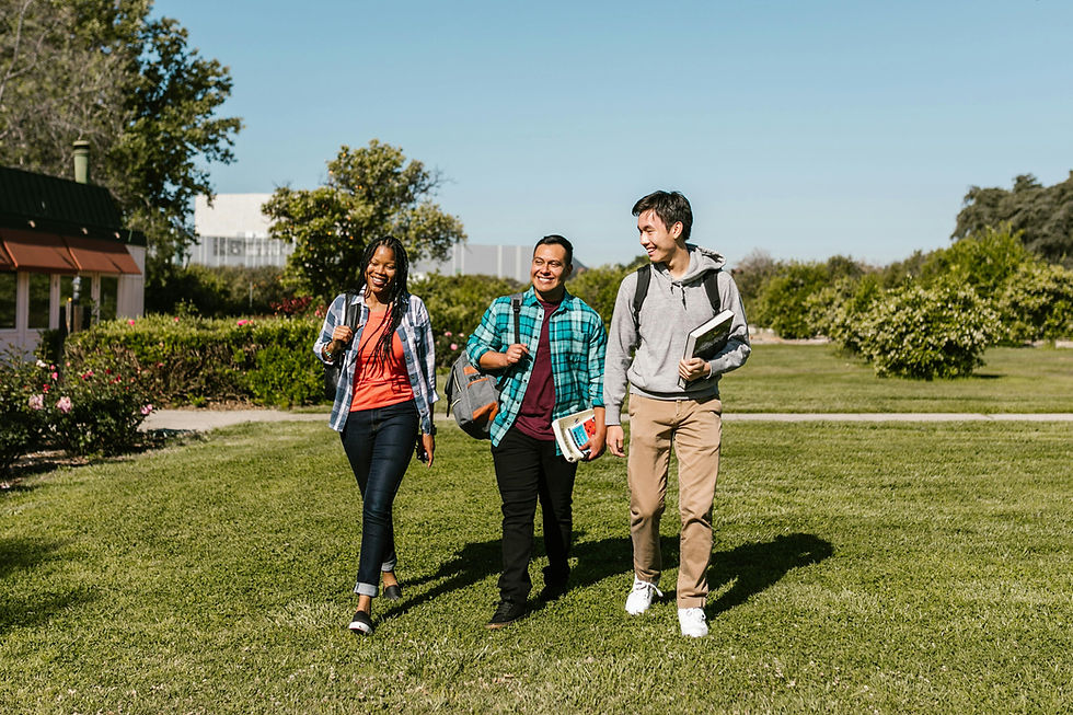 Three friends walk on a sunny campus lawn, smiling. They're carrying books and backpacks. Trees and a building are visible in the background.