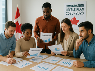 Five people reviewing charts in an office. A "Immigration Levels Plan 2026-2028" sign and Canadian flag are visible. Focused mood.