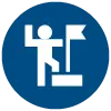 Simple blue icon of person putting flag in ground