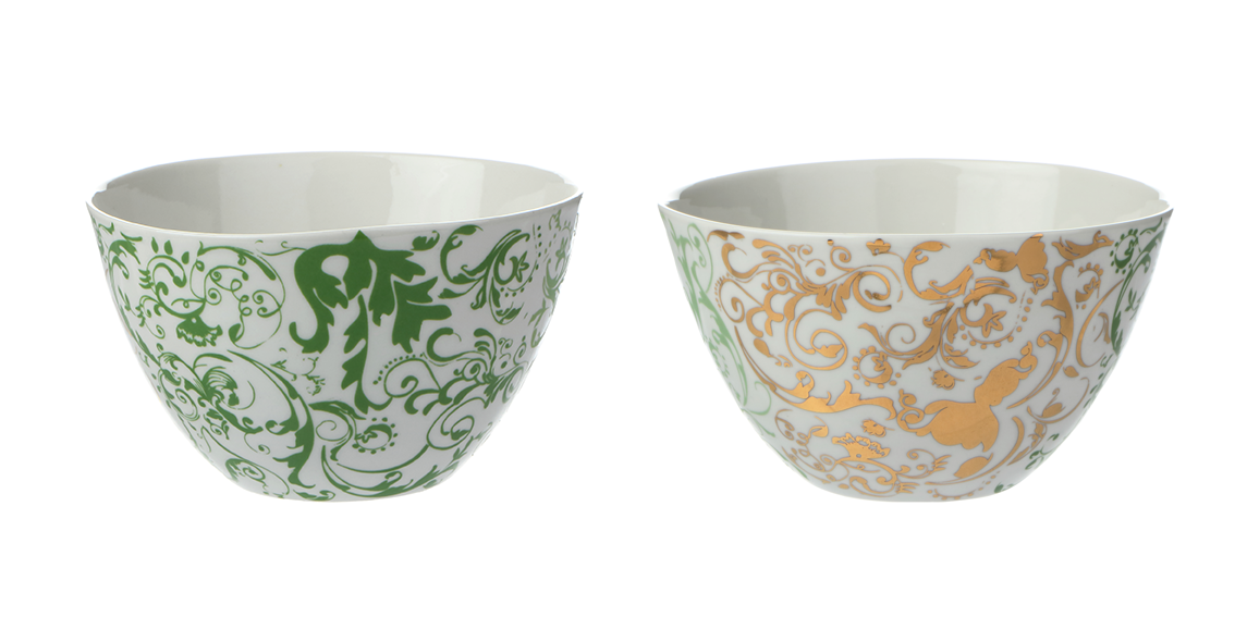 Porzellanschale mit Dekor, Golddekor, barockes Dekor, weißes Porzellan, Keramik in Wien,mano design,