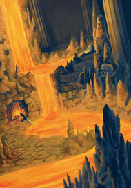 Painting of a fantasy cave, with a flowing lava river falling from multiple levels. The river fills the cave with a warm orange glow, illuminating a crumbling staircase leading to a shadowy doorway, as well as a skull hidden amongst the stalagmites. A fireplace on the lower level lights up a sword sinking into the lava river.  