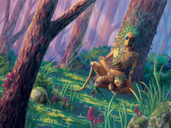 A painting of a fantasy forest scattered with dark pink mushrooms, rocks and shrubbery. Beams of sunlight fall onto a gold cyborg sitting against a tree. Half of the cyborg's face exposes wiring, the other half having a round camera lens in place of an eye. The cyborg's left leg resembles an upside-down scythe, and its leaves grow out of his head in place of hair, with vines falling around its shoulders and up the tree. In its lap is a sleeping cyborg cat, which has leaves on its head, and a leafy tail.   