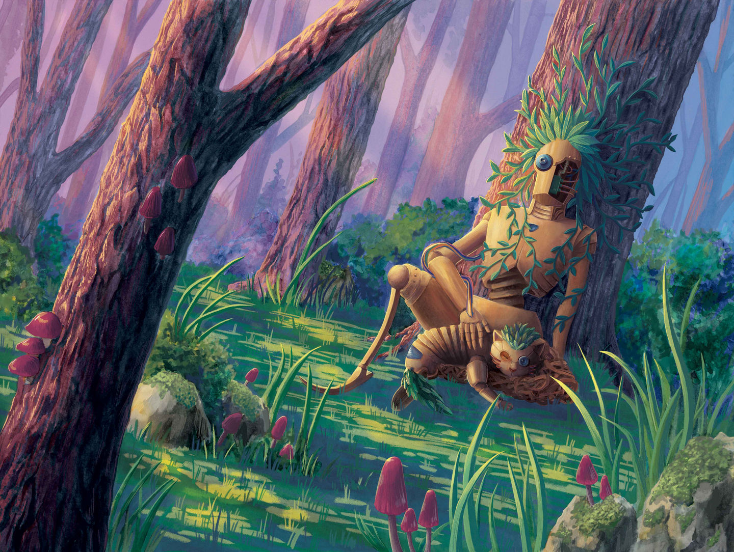 A painting of a fantasy forest scattered with dark pink mushrooms, rocks and shrubbery. Beams of sunlight fall onto a gold cyborg sitting against a tree. Half of the cyborg's face exposes wiring, the other half having a round camera lens in place of an eye. The cyborg's left leg resembles an upside-down scythe, and its leaves grow out of his head in place of hair, with vines falling around its shoulders and up the tree. In its lap is a sleeping cyborg cat, which has leaves on its head, and a leafy tail.   