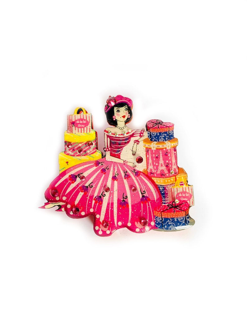 Thumbnail: Wonderful Parisian Girl Brooch With Shopping!  Quirky and Fun Vintage Style Pin