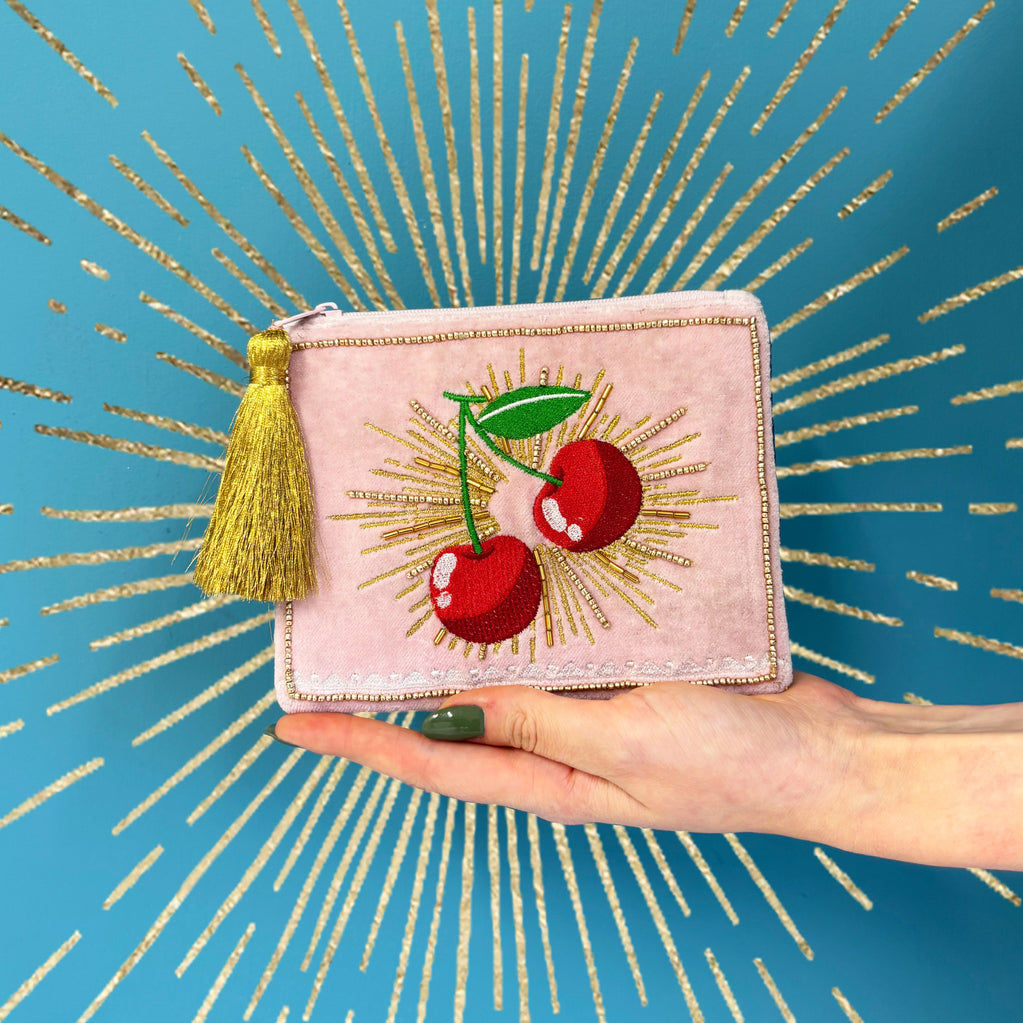Inked Cherry Coin Purse, Embroidered Velvet Pouch By The House of Disaster