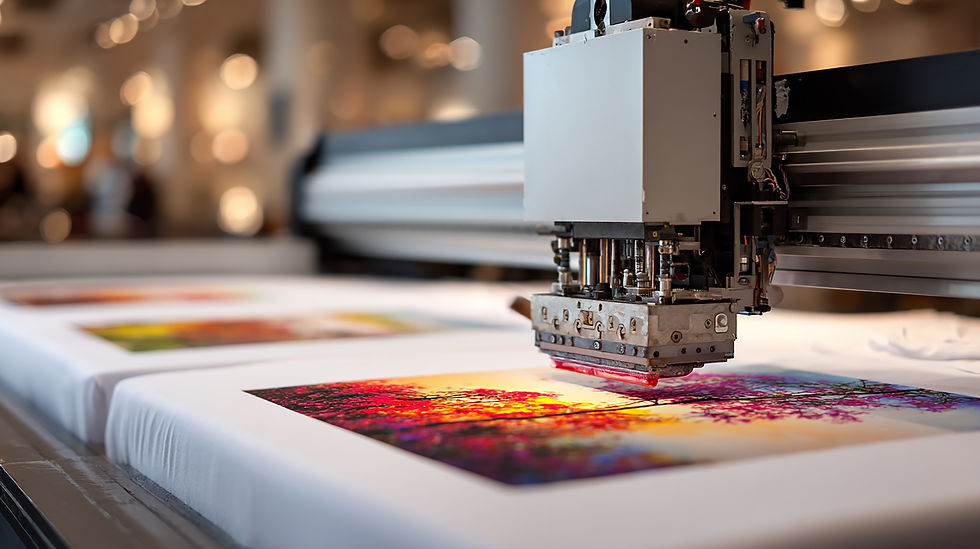 Close-up view of a textile printer applying ink on fabric