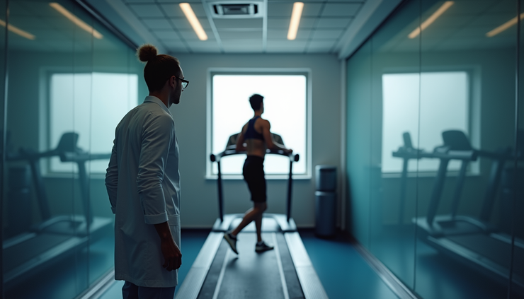 Eye-level view of a fitness trainer analyzing an athlete's running form on a treadmill
