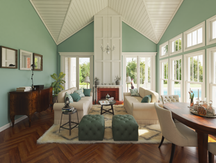 Delighted by the rays of sun, this sunroom can easily be a cozy social space to spend some time with   loved ones.
The fireplace can take care of your intimacy, so this place may become the perfect evening place for having a glass of wine and stretching out with a good novel.