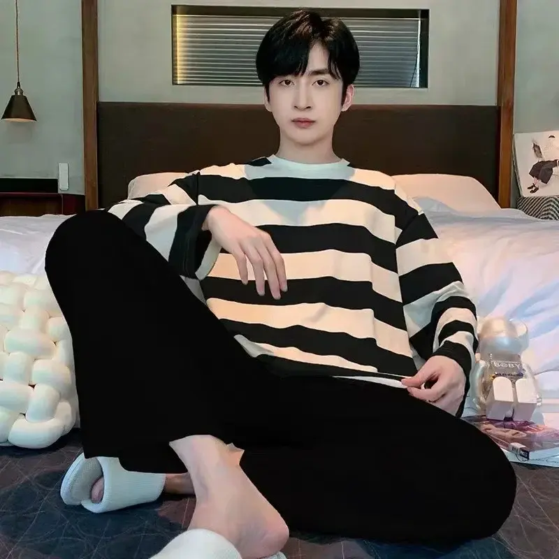 Thumbnail: Striped Plus Size Men Pajamas Summer Long Sleeve Casual Sports Loose Black Round