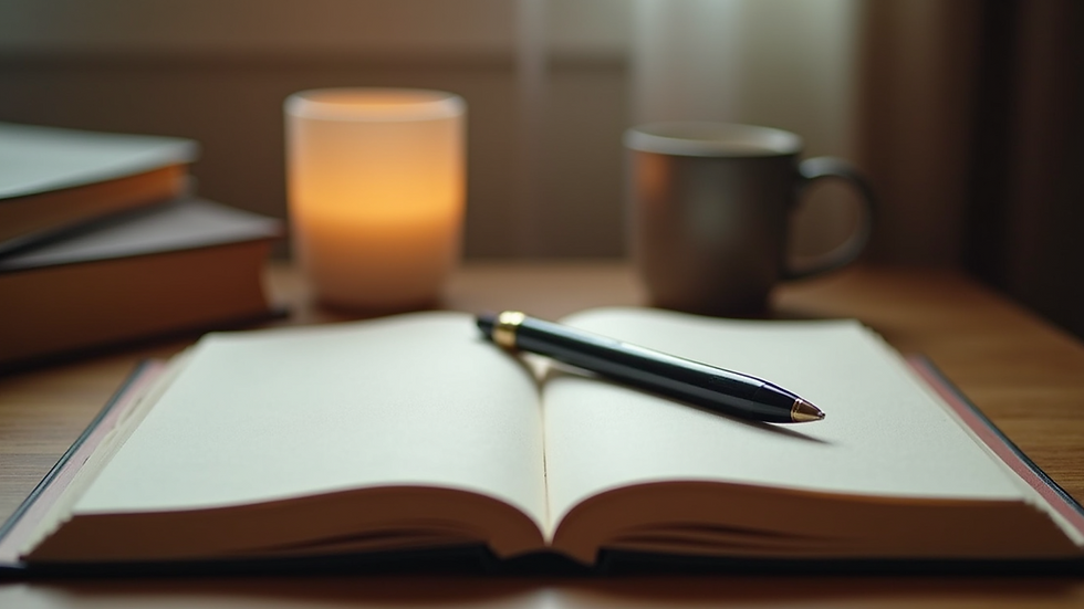 Eye-level view of a cozy journal and pen on a wooden desk