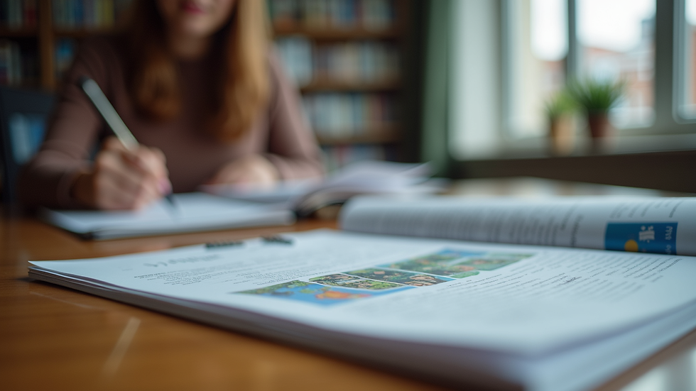 Eye-level view of a student studying at a desk with university brochures