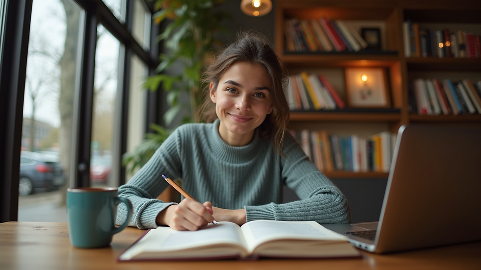 Eye-level view of a student studying in a cozy café with books and a laptop