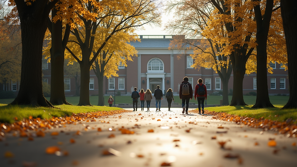 Eye-level view of a university campus with students walking