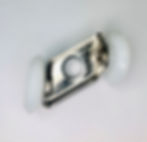 Thumbnail: Carriage Wheels, white plastic wheels, chrome plate with small center hole, under the plate view