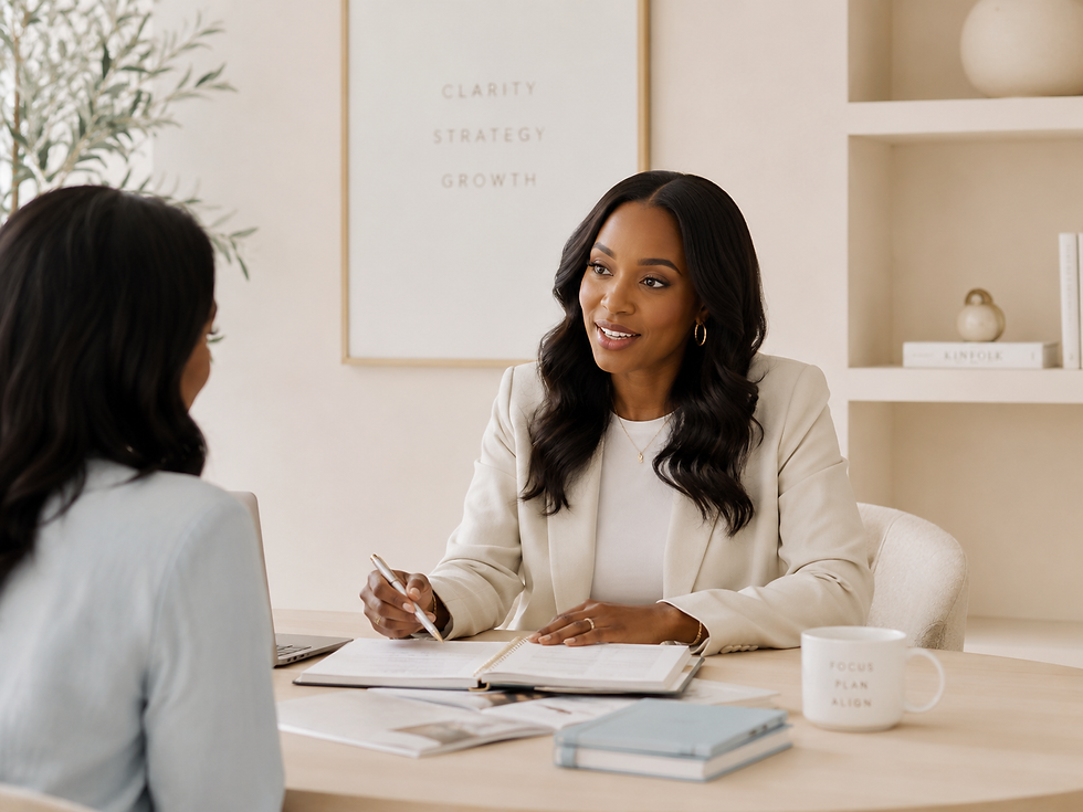 Business consultant advises client. Sign: Clarity Strategy Growth.