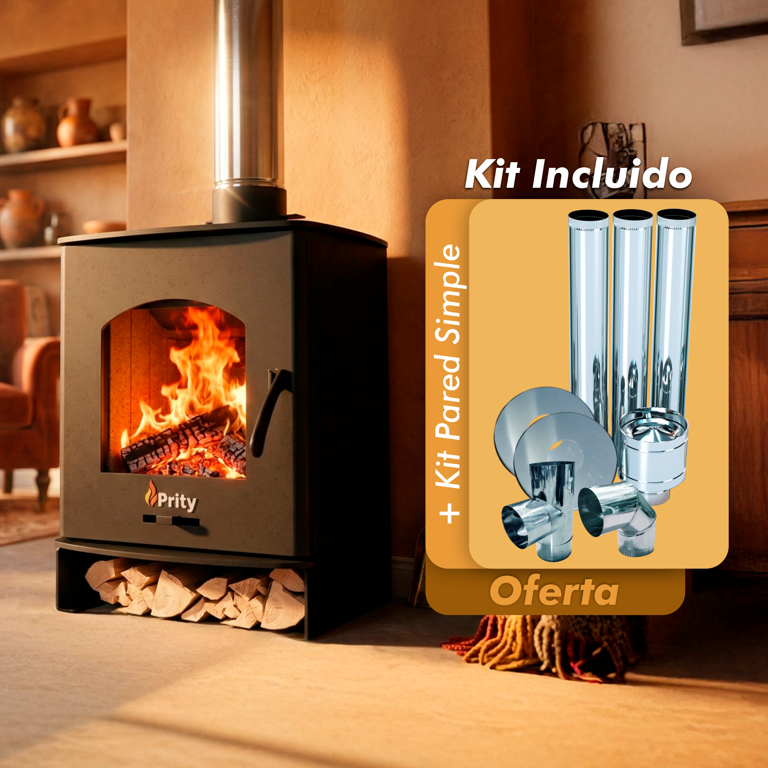 Calefactor a Leña Modelo PK-1 + Kit Simple Pared