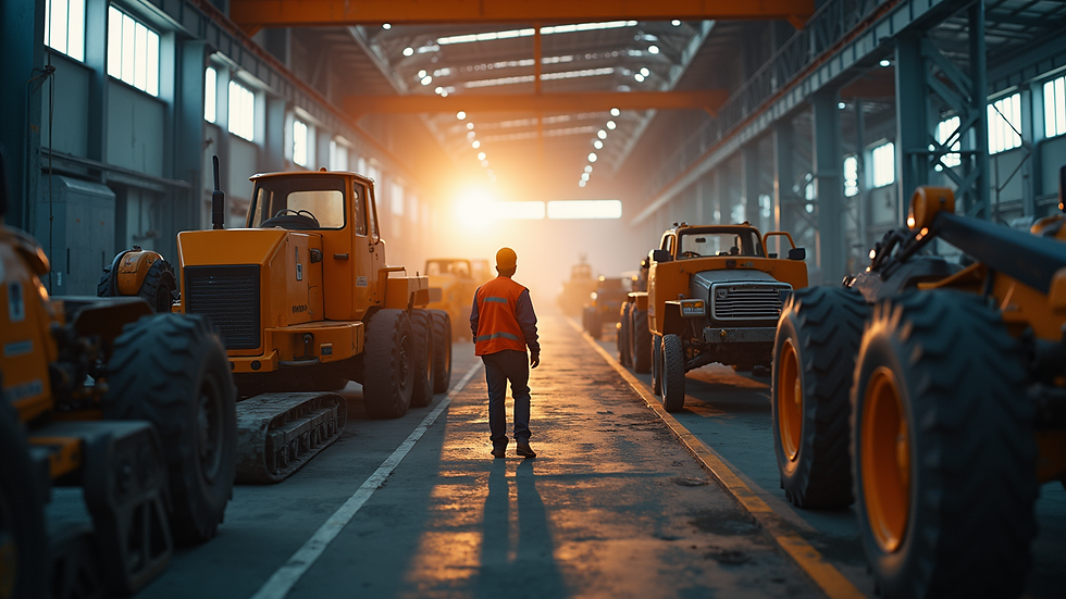 Vista aérea de canteiro de obras com máquinas e trabalhadores em atividade