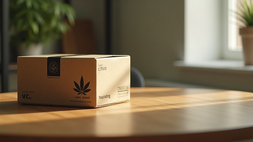 Eye-level view of cannabis delivery package on a wooden table