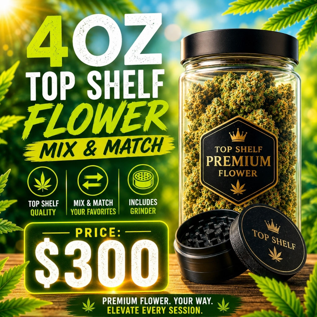 4OZ Top Shelf Flower, Mix & Match + Grinder