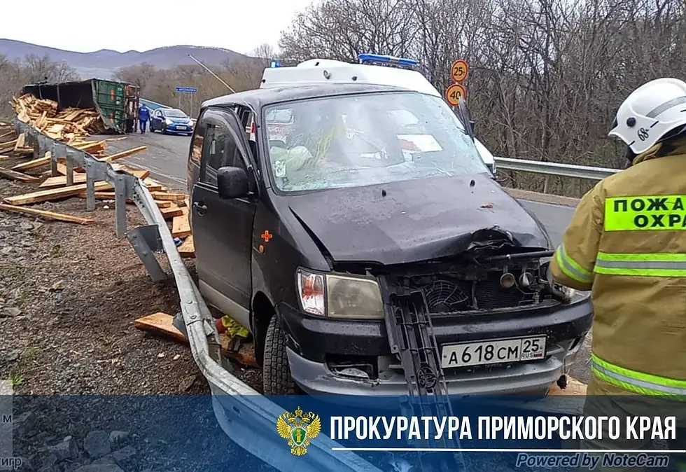 Бревна, вывалившиеся из грузовика, раздавили микроавтобус на трассе в Приморье