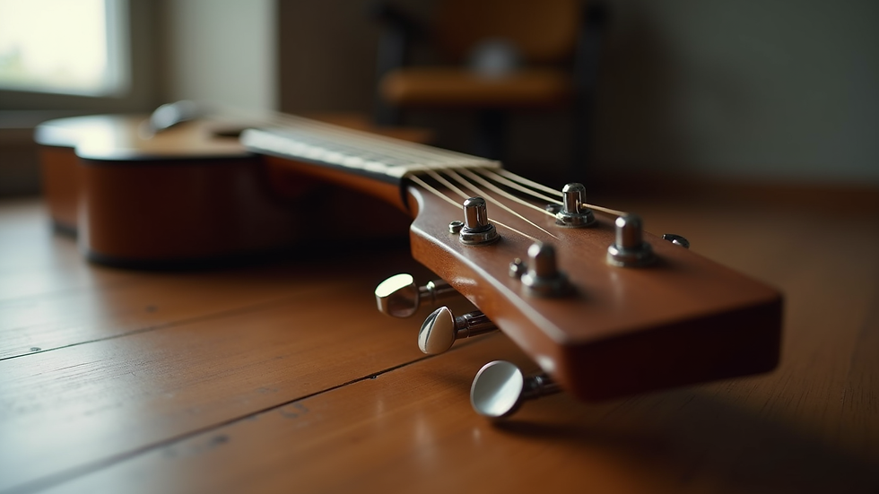Close-up view of a guitar resting on a wooden surface