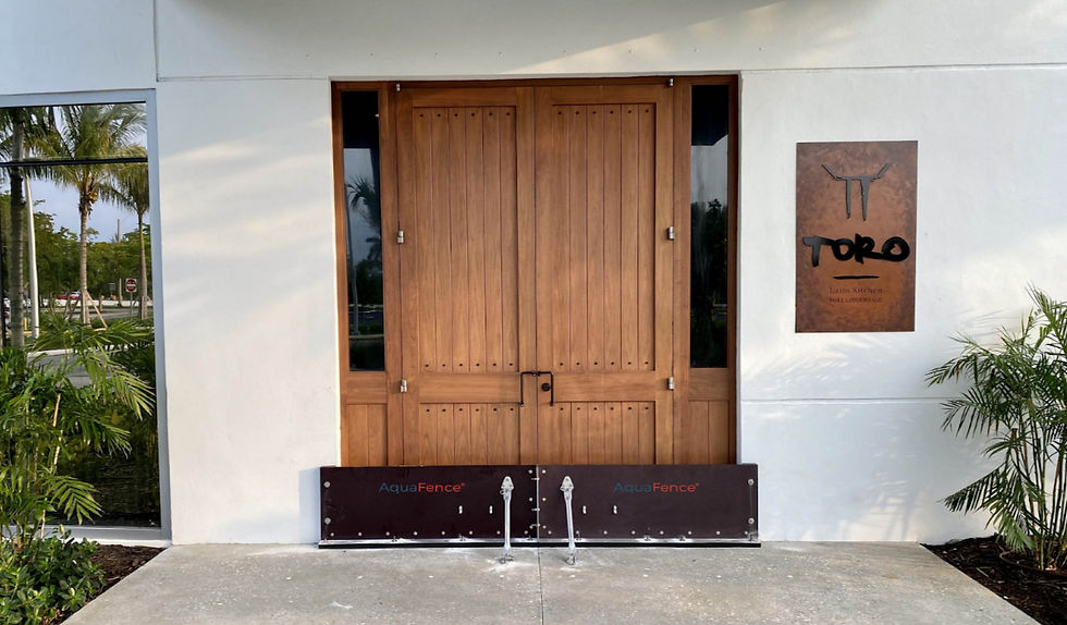 Pemakaian garda anti banjir atau flood gate untuk menahan air banjir masuk ke dalam rumah.