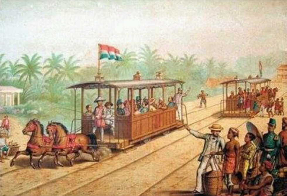 Sketsa trem kuda di Batavia, awal mula transportasi modern dengan menggunakan rel besi.