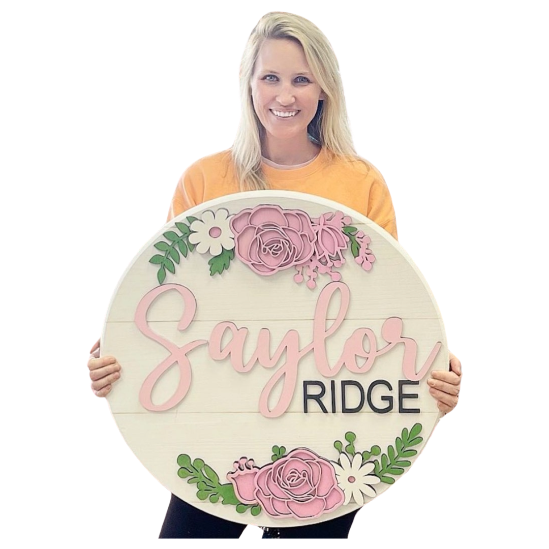 Round Floral Nursery Name Sign 