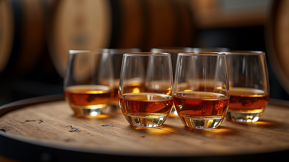 Close-up view of whisky glasses arranged around a custom cask