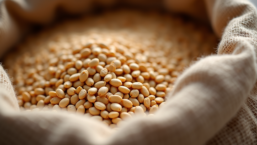 Close-up view of malted barley grains in a sack