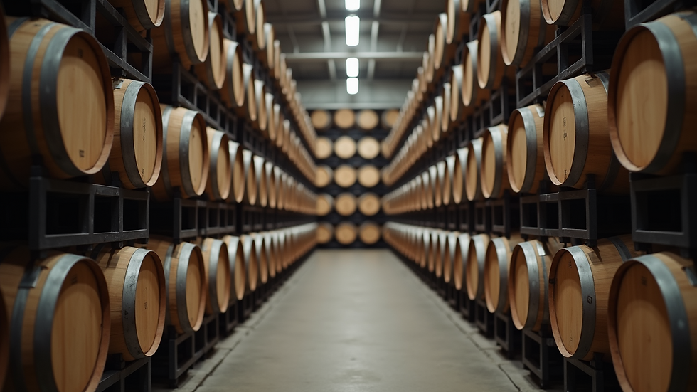 High angle view of whisky barrels stacked in a warehouse