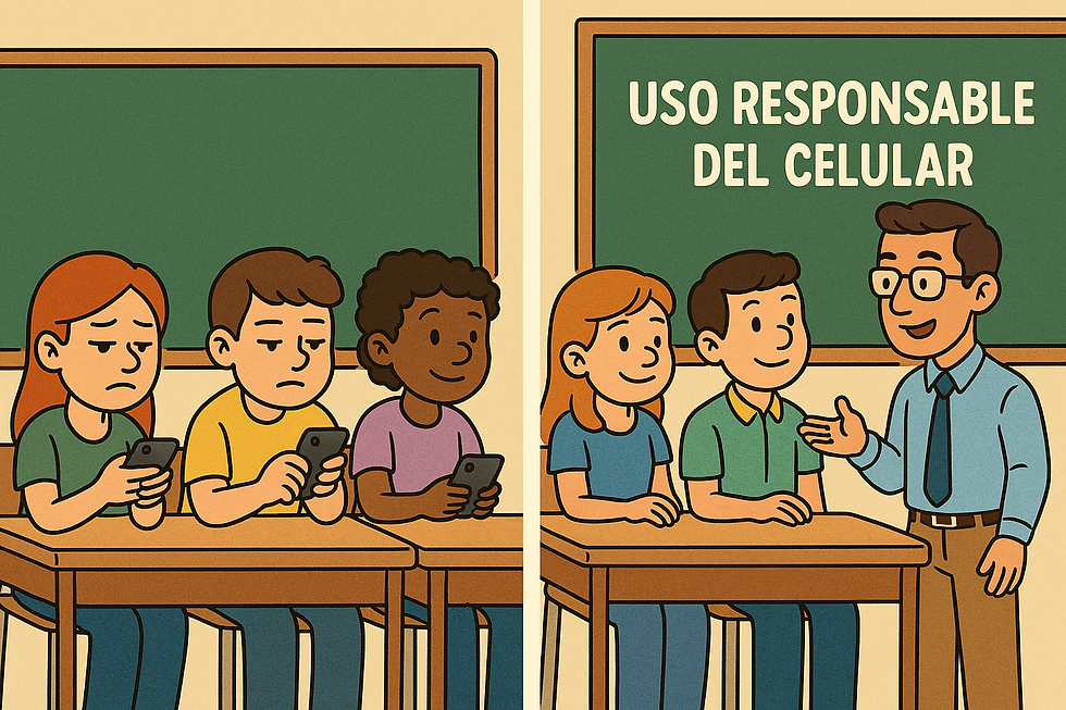 Ilustración en estilo caricatura dividida en dos partes. A la izquierda, tres estudiantes están distraídos mirando sus teléfonos con expresiones de aburrimiento. A la derecha, los mismos estudiantes aparecen sin celulares, sonriendo y atentos mientras conversan con un maestro frente a un pizarrón donde se lee “Uso responsable del celular”. La imagen representa la diferencia entre el uso inadecuado y el uso consciente de la tecnología en el aula.