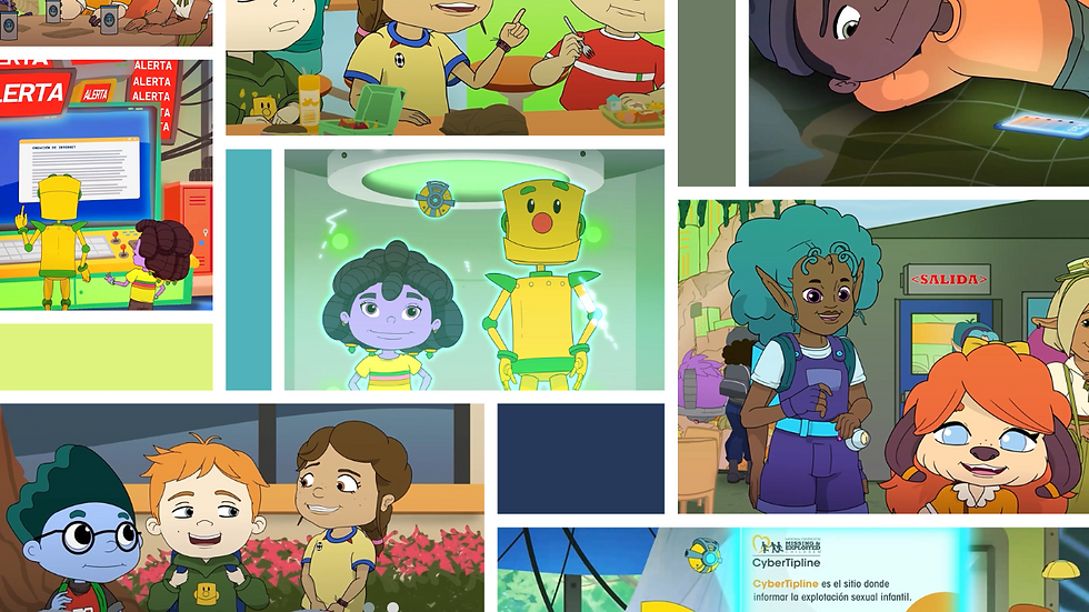 Escenas del programa educativo NetSmartz que enseñan a niños sobre seguridad digital, privacidad en internet y riesgos en línea mediante personajes animados.