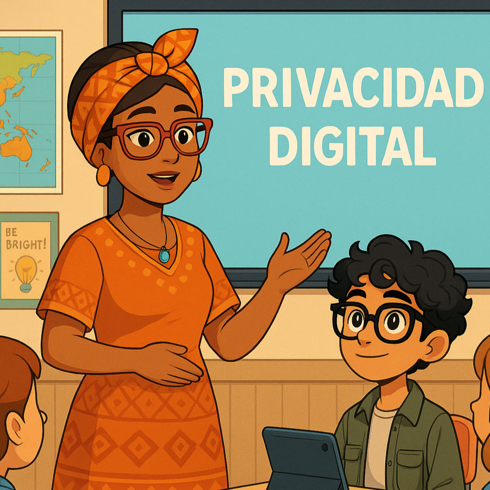 Maestra explicando privacidad digital a estudiantes en salón de clases, señalando una pantalla que dice “Privacidad Digital” mientras un niño usa una tableta.